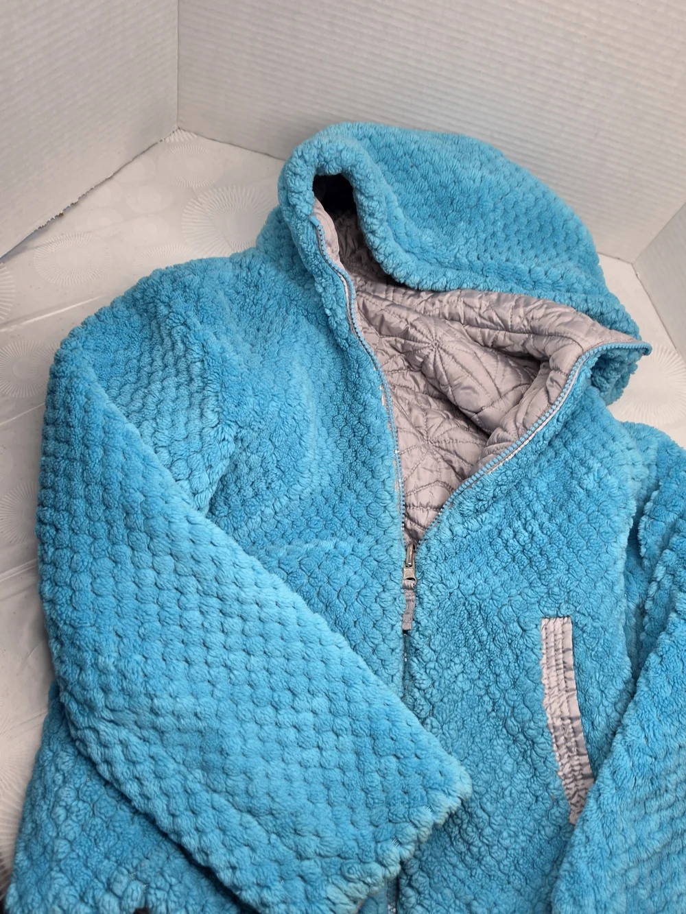 Pacific Trail Girls Light Gray Quilted Puffer with Bright Blue Sherpa Hood